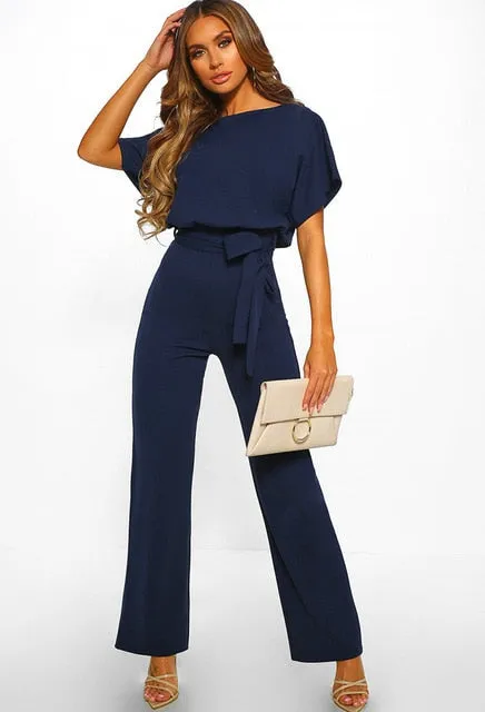 Short Sleeve Elegant jumpsuit Long wide leg Pants High waist