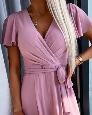 Short Sleeve Ruched Tied Detail Jumpsuit