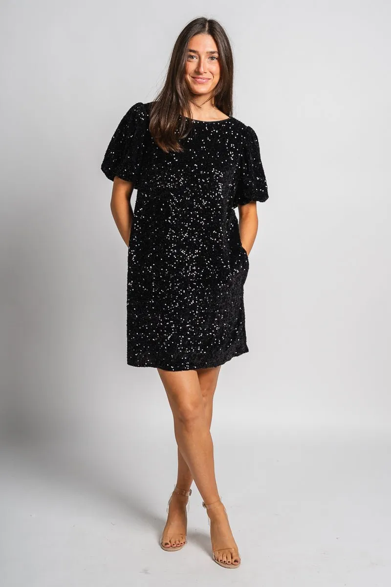 Short sleeve sequin dress black