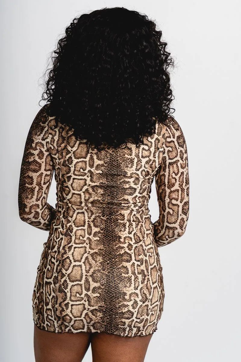 Snake print mini dress beige