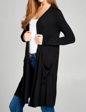 Solid Long Sleeve Open Front Cardigan - Black