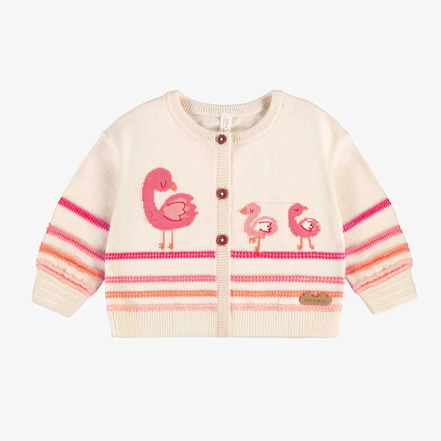 Souris Mini infant girl knit cardigan with flamingos and stripes