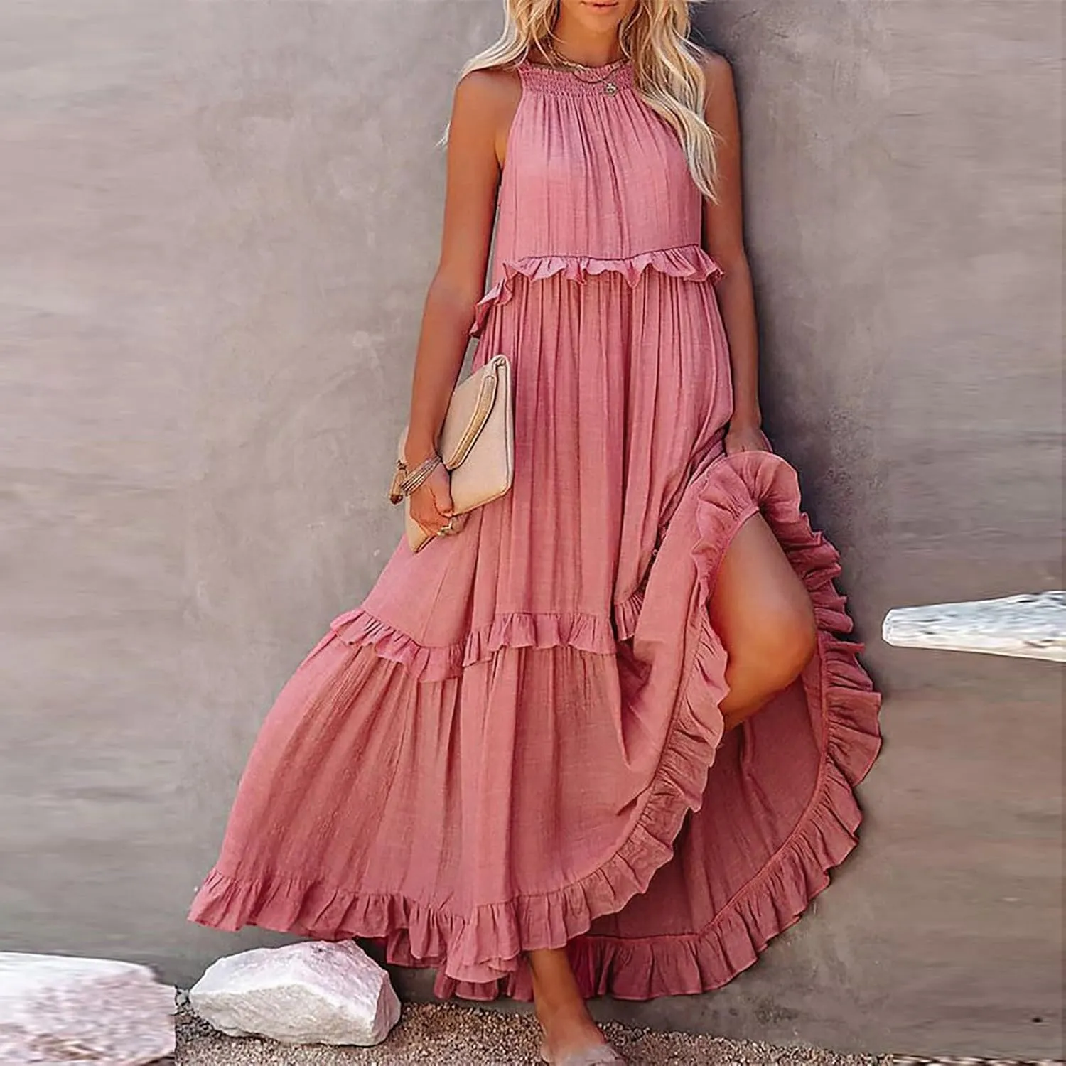 Spring Dresses for Women 2025, Women's Summer Sleeveless Halter Neck Ruffle Tiered Layed Flowy Swing Long Maxi Dress