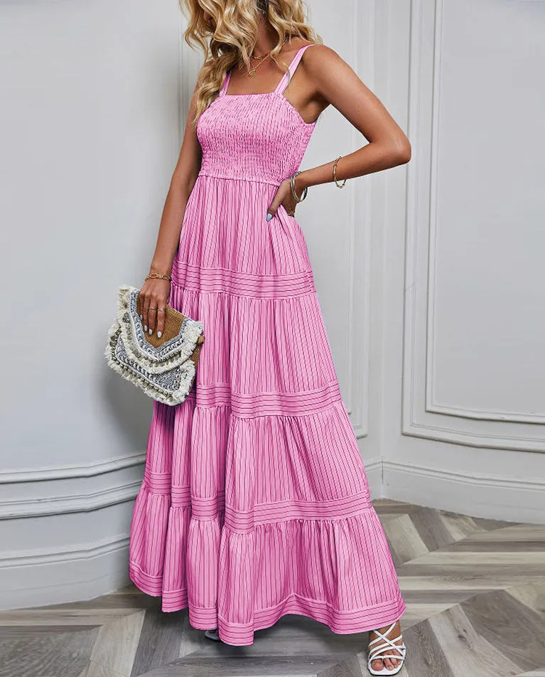 Striped Halter Neckline Waist Tie Vacation Dress