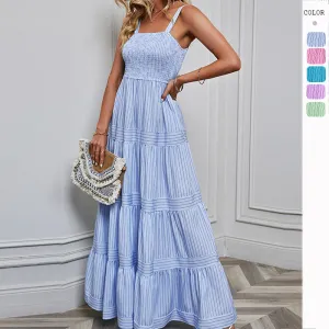 Striped Halter Neckline Waist Tie Vacation Dress