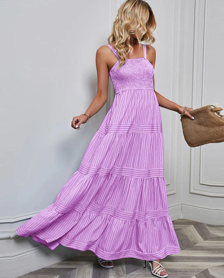Striped Halter Neckline Waist Tie Vacation Dress