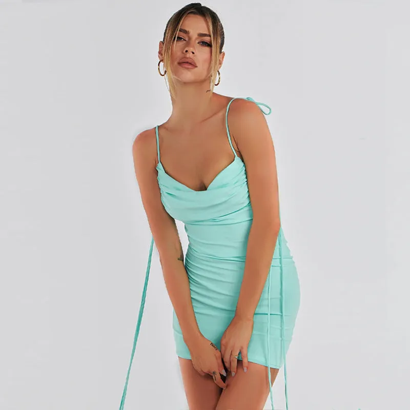 Sultry Backless Pleated Strappy Details Bodycon Dress