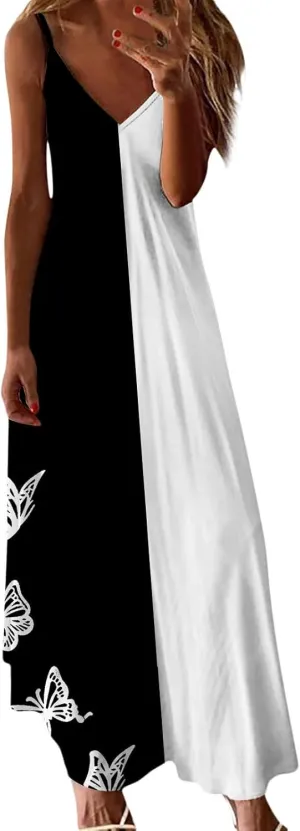 Summer Dresses for Women 2025 Casual Strappy V Neck Sleeveless Flowy Loose Long Maxi Beach Boho Dress Sundress Trendy Clothes