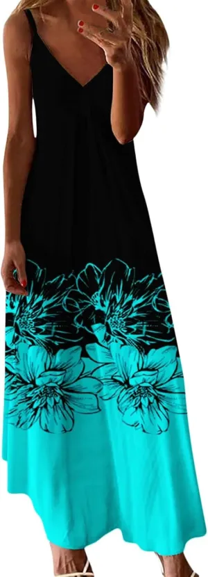Summer Dresses for Women 2025 Casual Strappy V Neck Sleeveless Flowy Loose Long Maxi Beach Boho Dress Sundress Trendy Clothes
