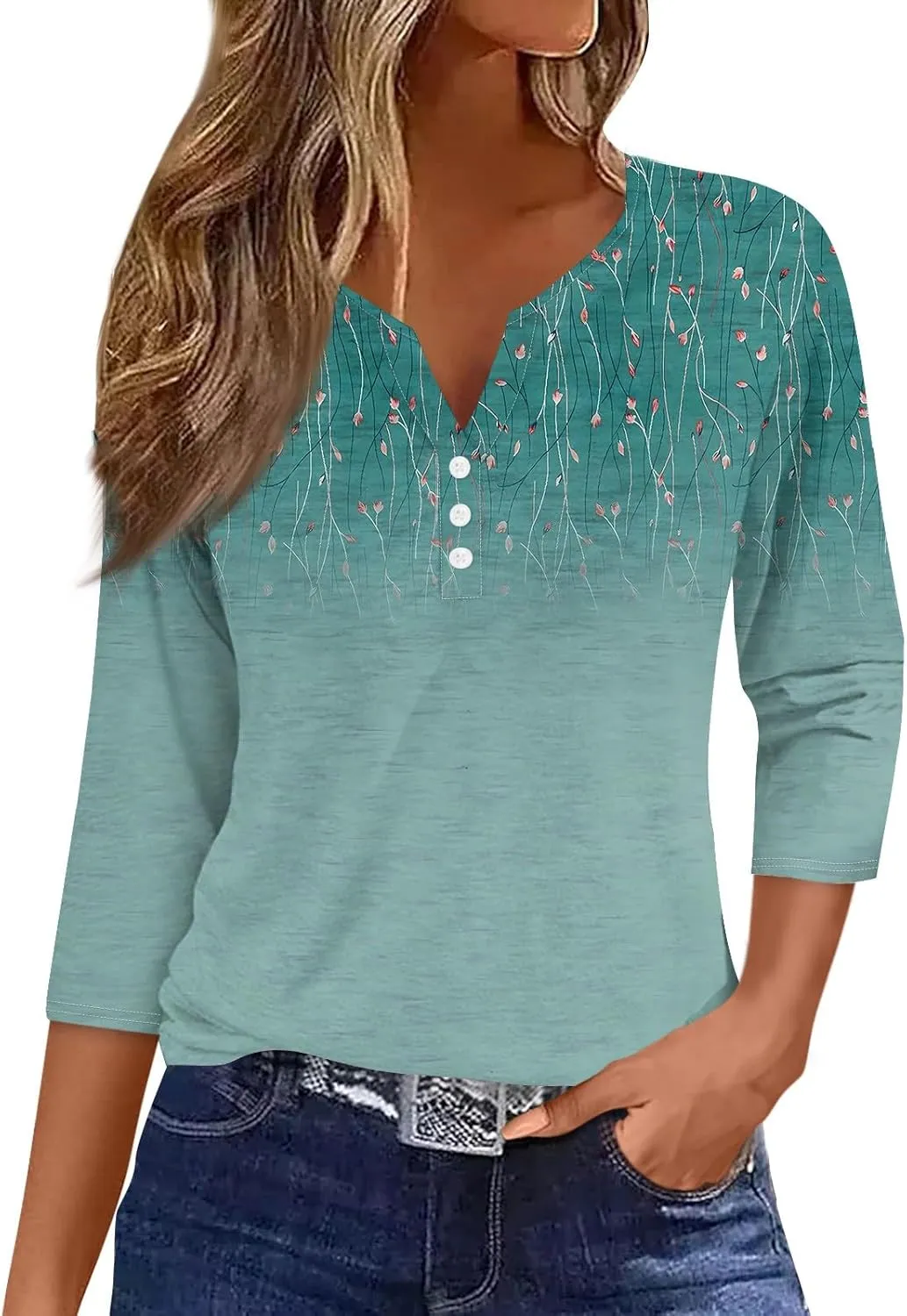 Summer Tops for Women 2024 Womens Tops 3/4 Sleeve Shirts V Neck Loose Trendy Casual Blouses Button Down Print Tshirts