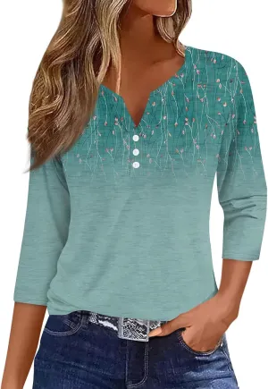 Summer Tops for Women 2024 Womens Tops 3/4 Sleeve Shirts V Neck Loose Trendy Casual Blouses Button Down Print Tshirts
