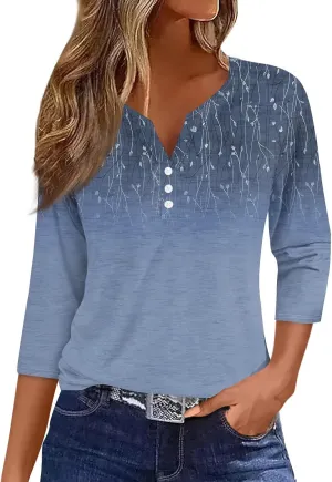 Summer Tops for Women 2024 Womens Tops 3/4 Sleeve Shirts V Neck Loose Trendy Casual Blouses Button Down Print Tshirts