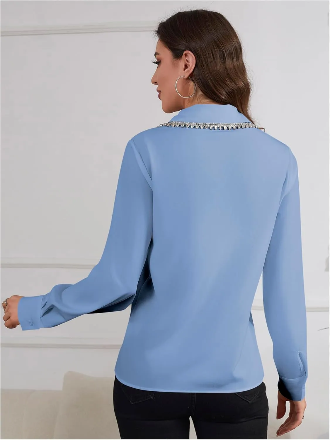 SweatyRocks Women's Long Sleeve Button Down Blouses Rhinestone Decor Work Tops