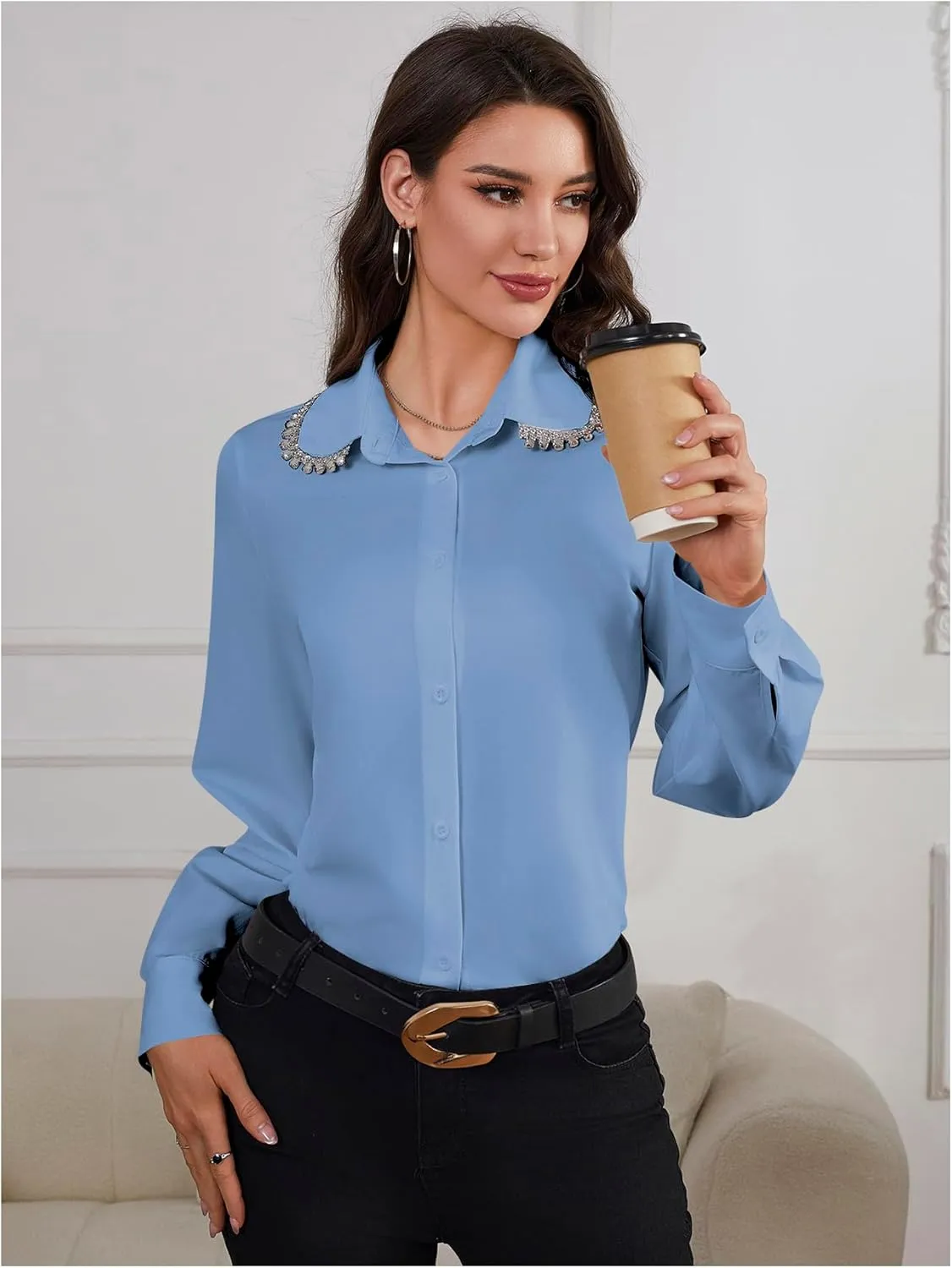 SweatyRocks Women's Long Sleeve Button Down Blouses Rhinestone Decor Work Tops