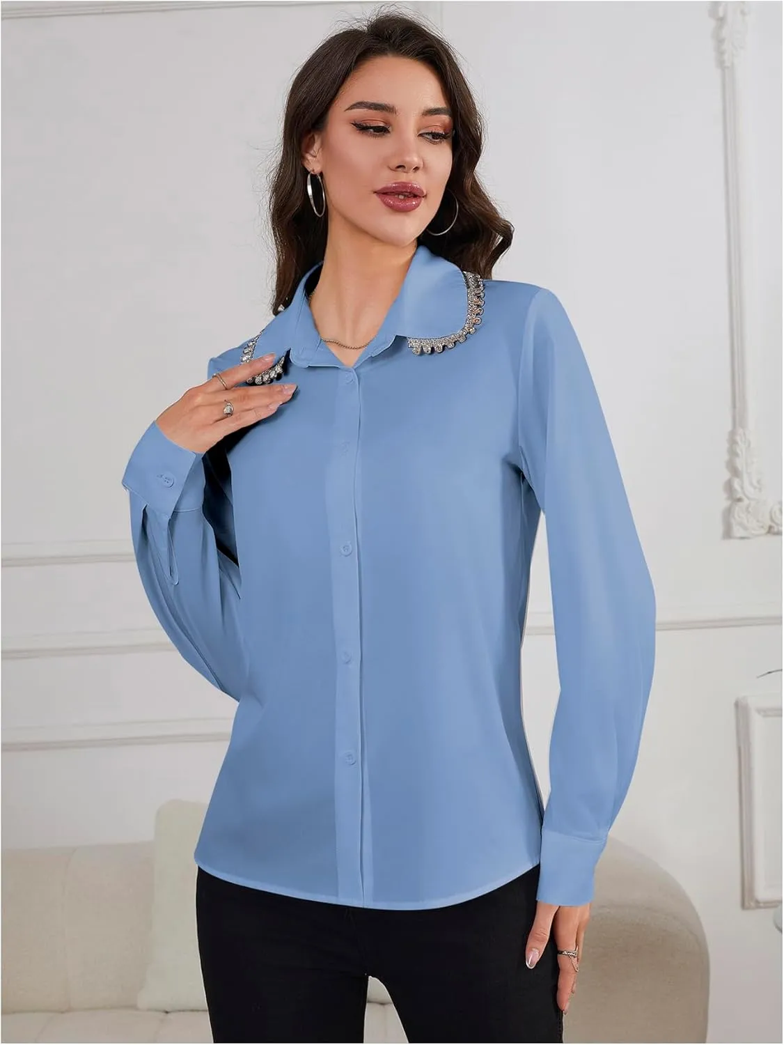 SweatyRocks Women's Long Sleeve Button Down Blouses Rhinestone Decor Work Tops