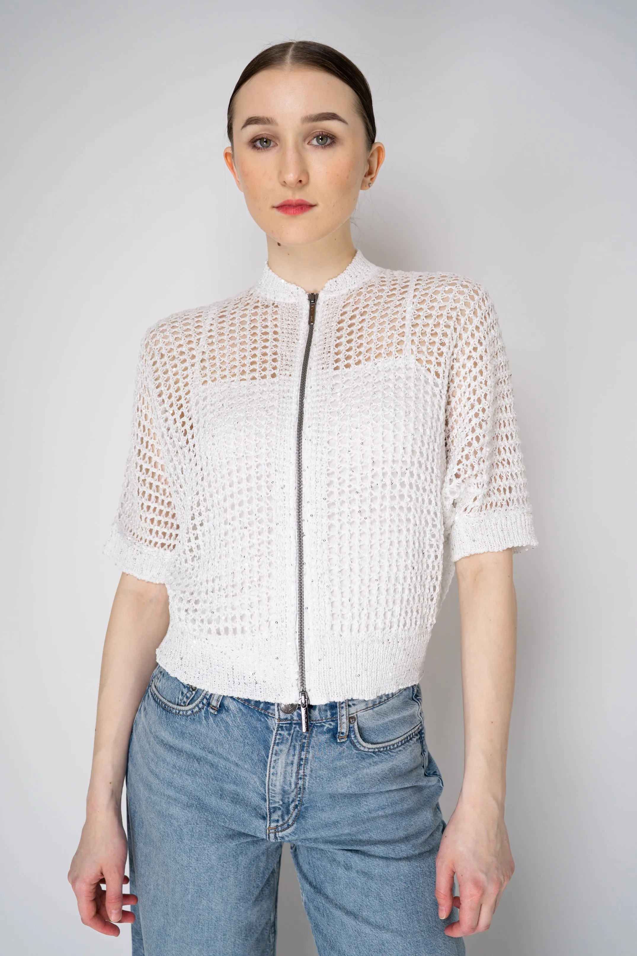 Tonet Open Weave Sequined Cardigan Jacket in White