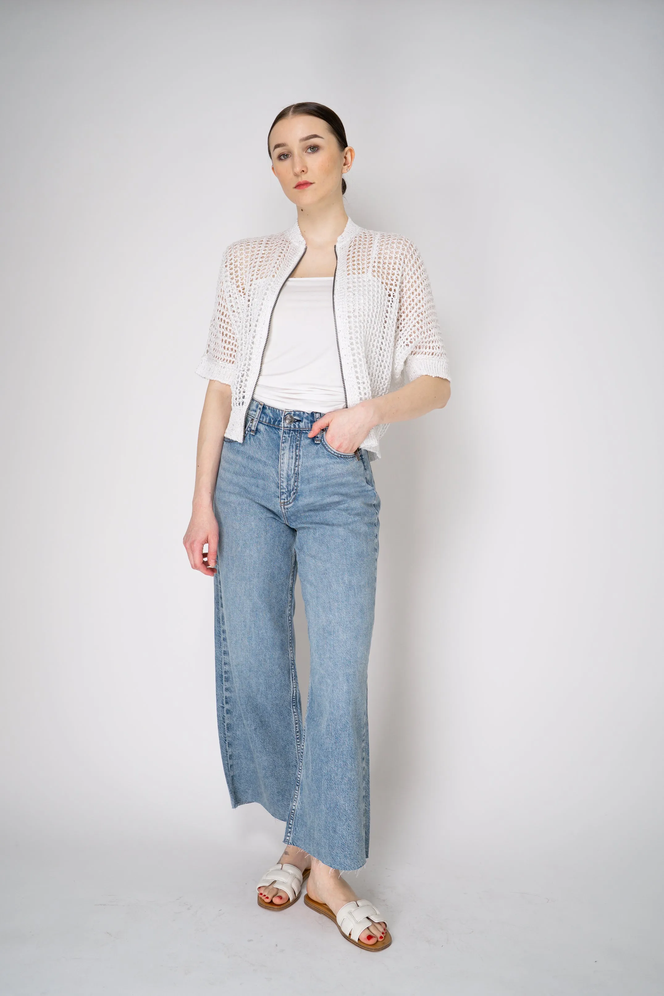 Tonet Open Weave Sequined Cardigan Jacket in White