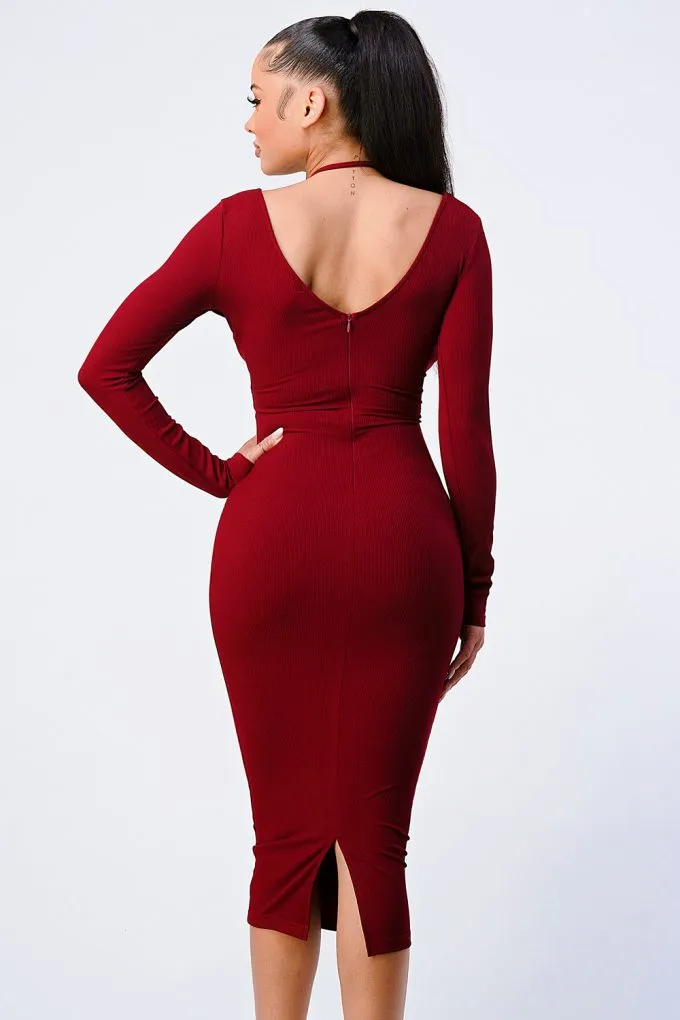 Trendy Front Shirring Cut-out Long Sleeved Dress in Burgundy