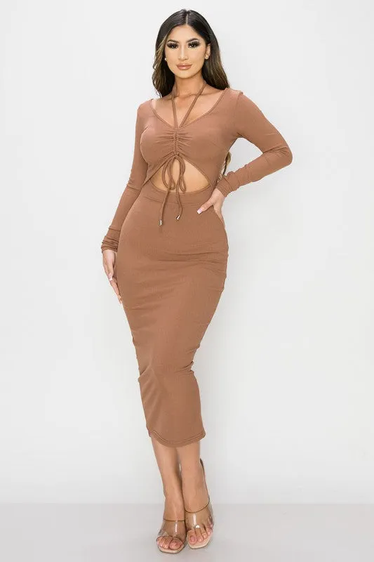 TRENDY FRONT SHIRRING CUT-OUT LONG SLEEVED DRESS