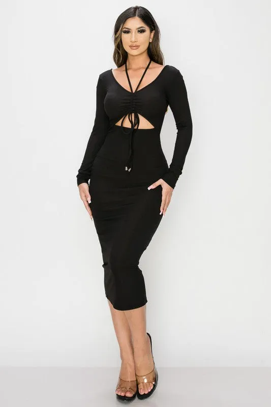 TRENDY FRONT SHIRRING CUT-OUT LONG SLEEVED DRESS