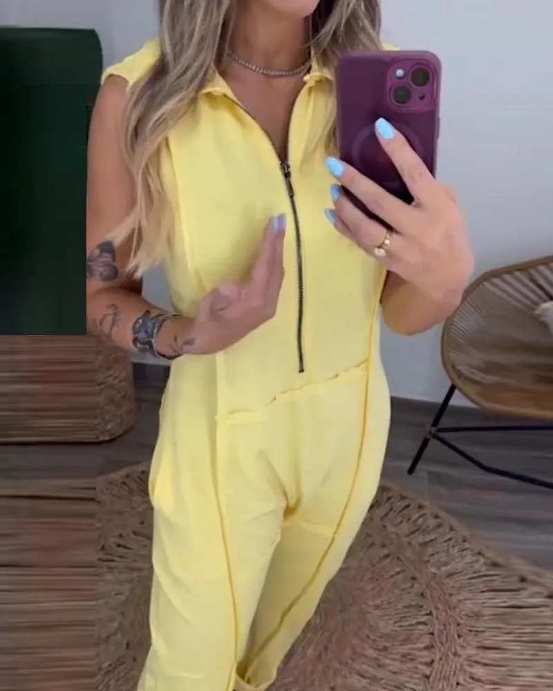 Turn down Collar Sleeveless Zipper Front Jumpsuit Casual Pocket Design Loose Fit Romper