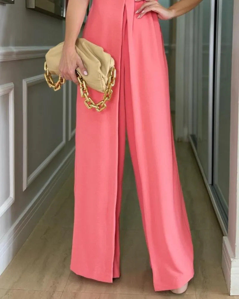 V Neck Sleeveless Button Decor Jumpsuit Casual Loose Fit Romper