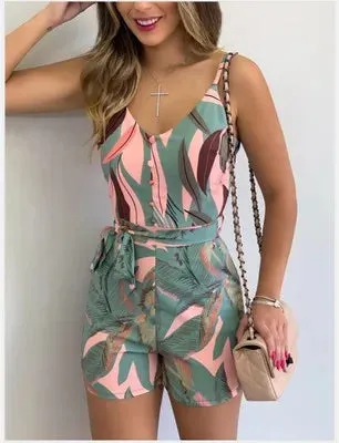 V-neck Spaghetti Strap Belt Leaf Floral Printing Short Pants Jumpsuit