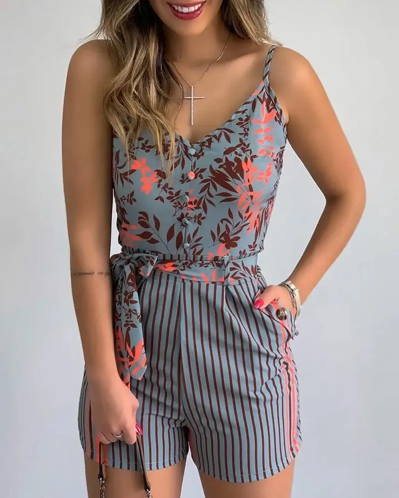 V-neck Spaghetti Strap Belt Leaf Floral Printing Short Pants Jumpsuit