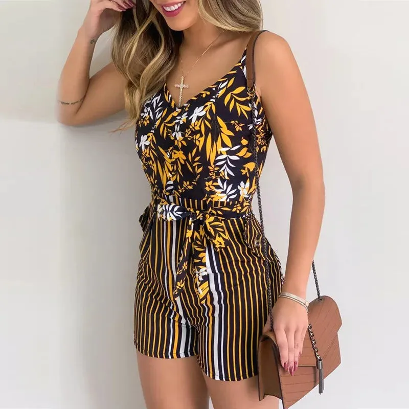 V-neck Spaghetti Strap Belt Leaf Floral Printing Short Pants Jumpsuit