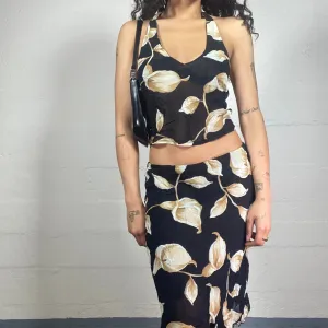 Vintage 2000's Summer Feminine Black Chiffon Skirt and Neckholder Top Set with Ivory Cream Flower Print (S)