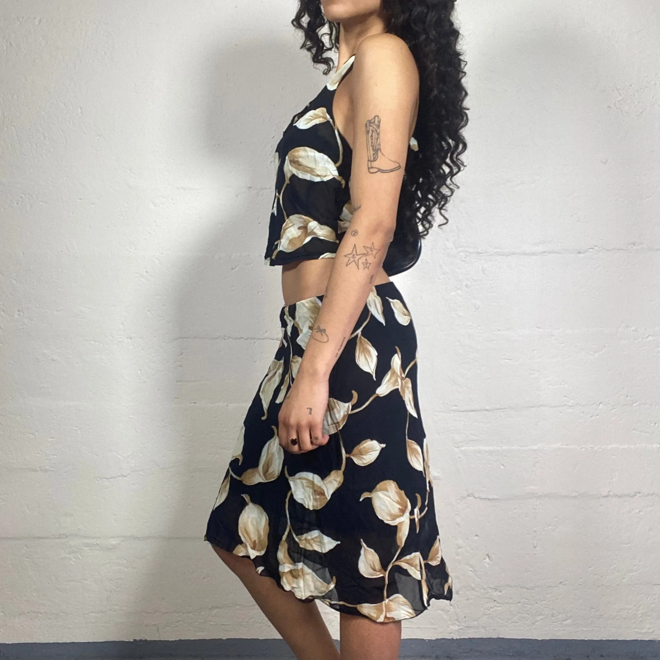 Vintage 2000's Summer Feminine Black Chiffon Skirt and Neckholder Top Set with Ivory Cream Flower Print (S)