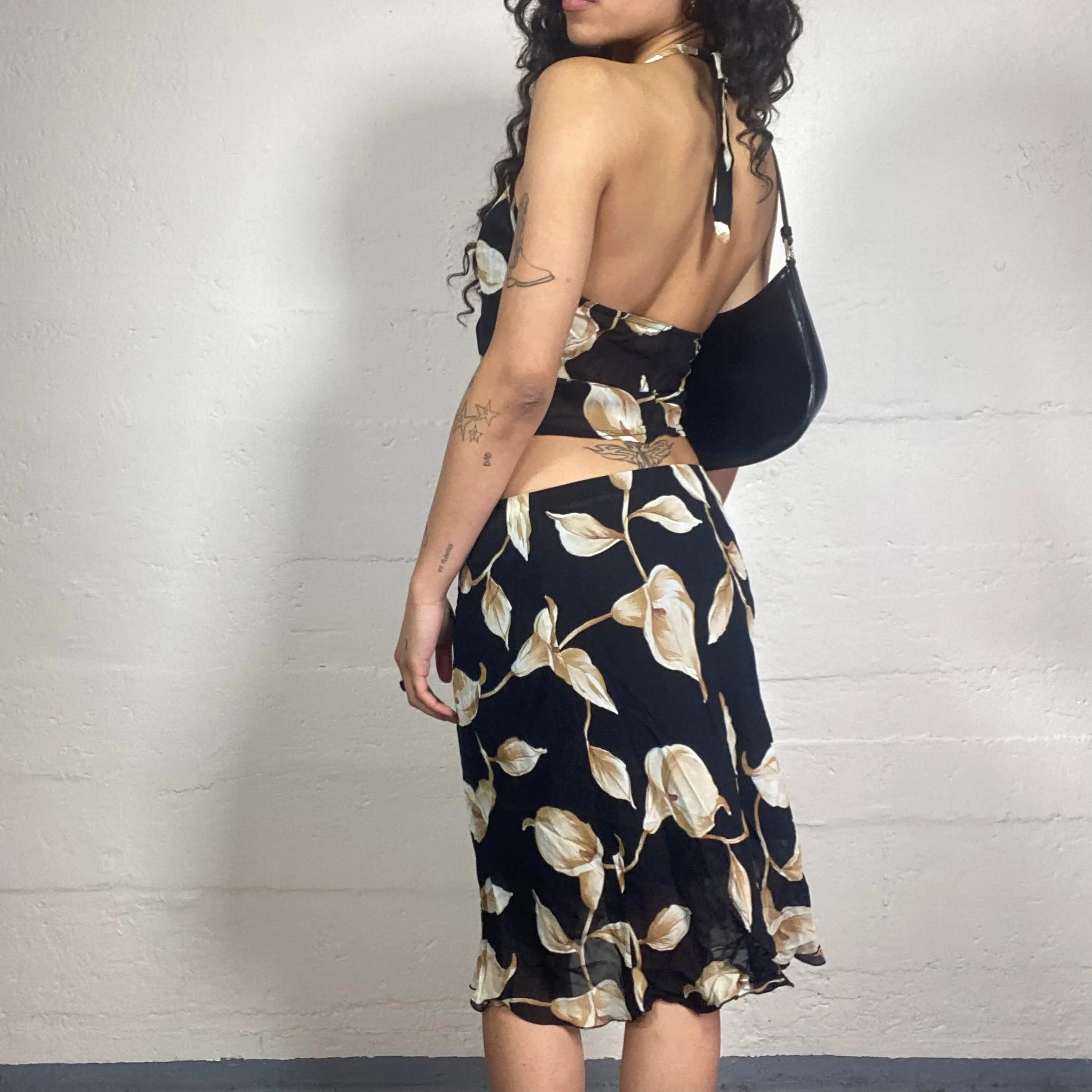 Vintage 2000's Summer Feminine Black Chiffon Skirt and Neckholder Top Set with Ivory Cream Flower Print (S)