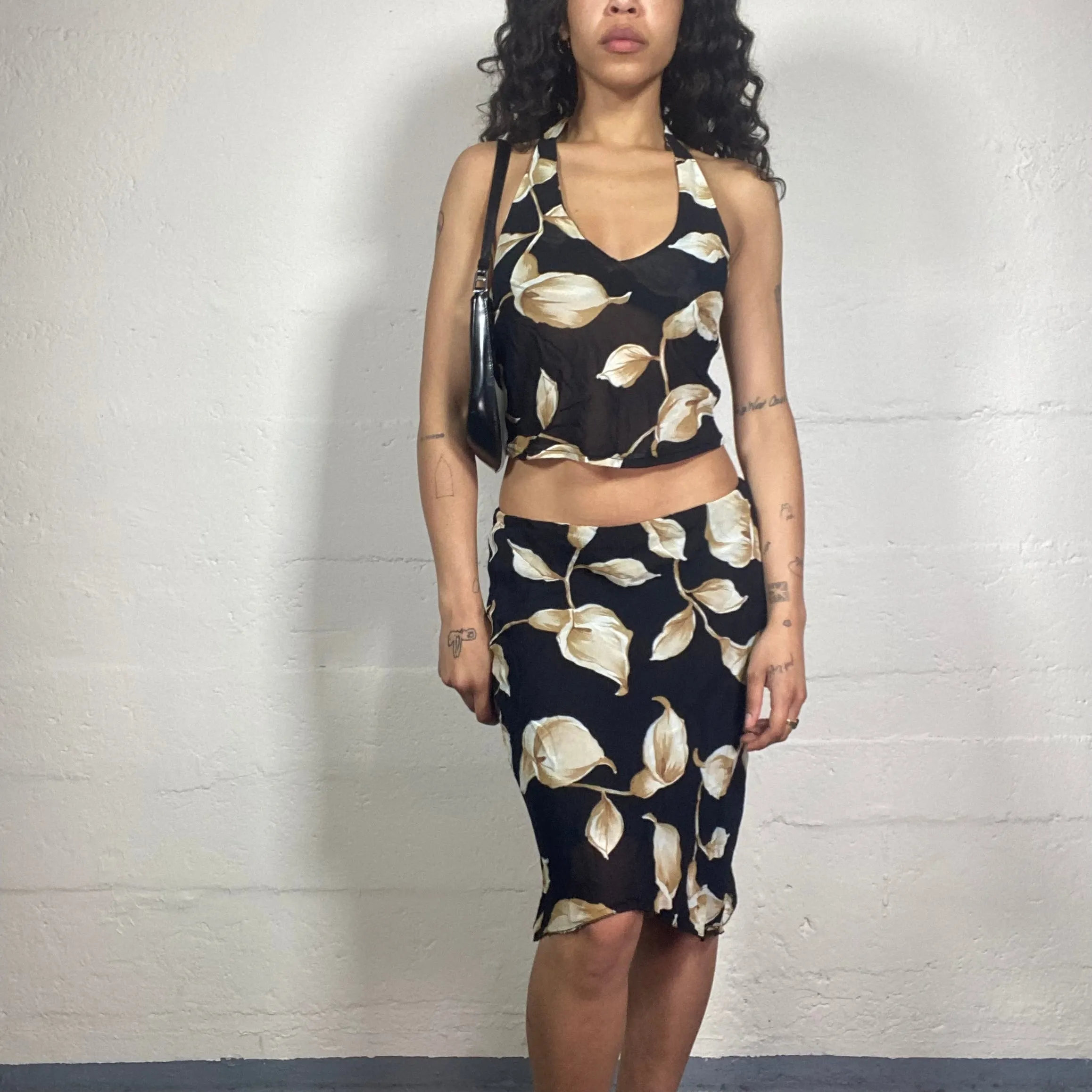 Vintage 2000's Summer Feminine Black Chiffon Skirt and Neckholder Top Set with Ivory Cream Flower Print (S)