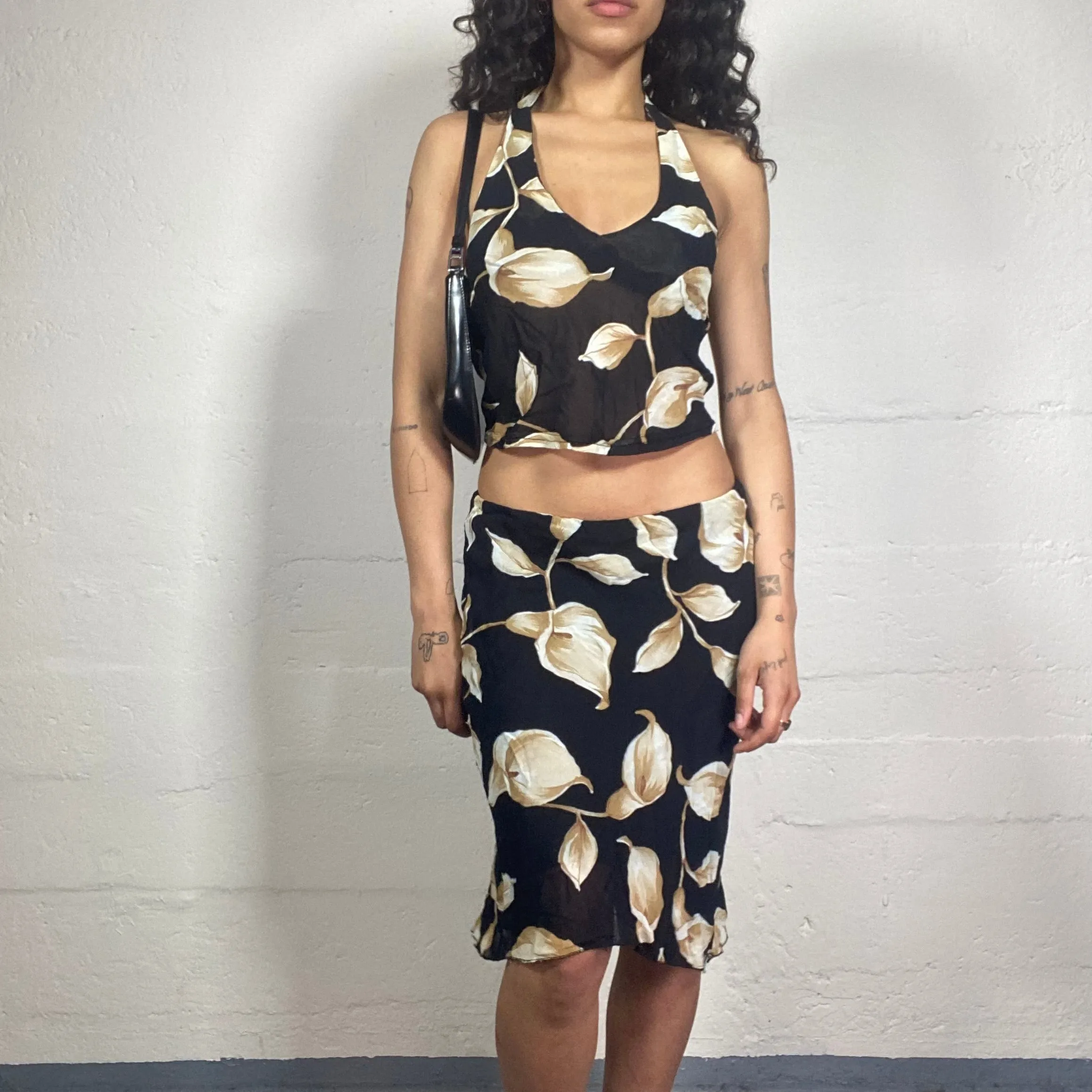 Vintage 2000's Summer Feminine Black Chiffon Skirt and Neckholder Top Set with Ivory Cream Flower Print (S)