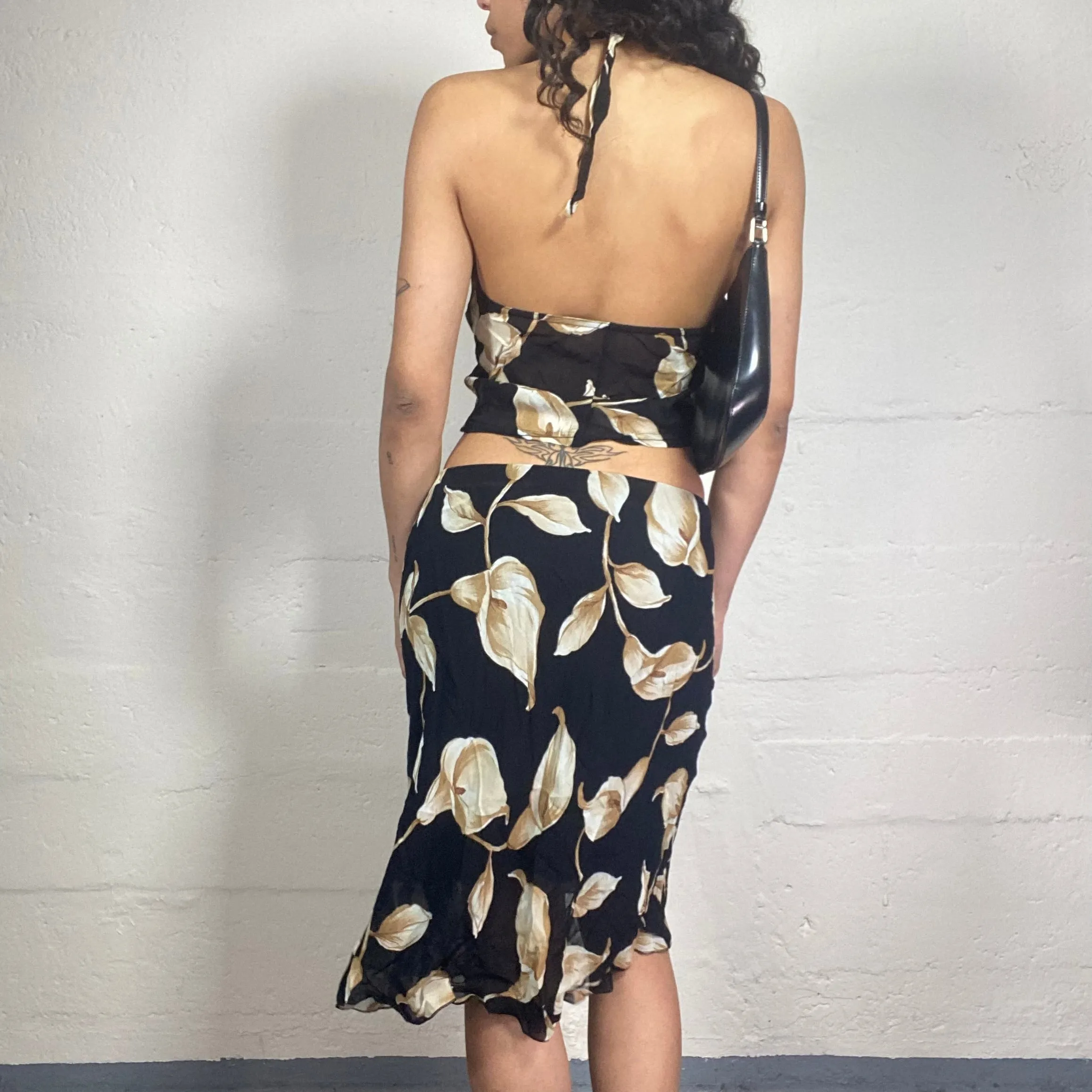 Vintage 2000's Summer Feminine Black Chiffon Skirt and Neckholder Top Set with Ivory Cream Flower Print (S)