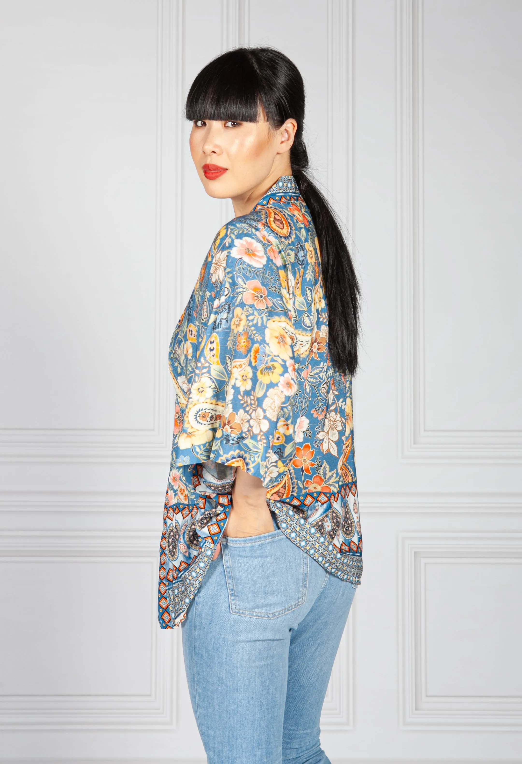 Vintage Floral Kimono Style Cardigan in Blue