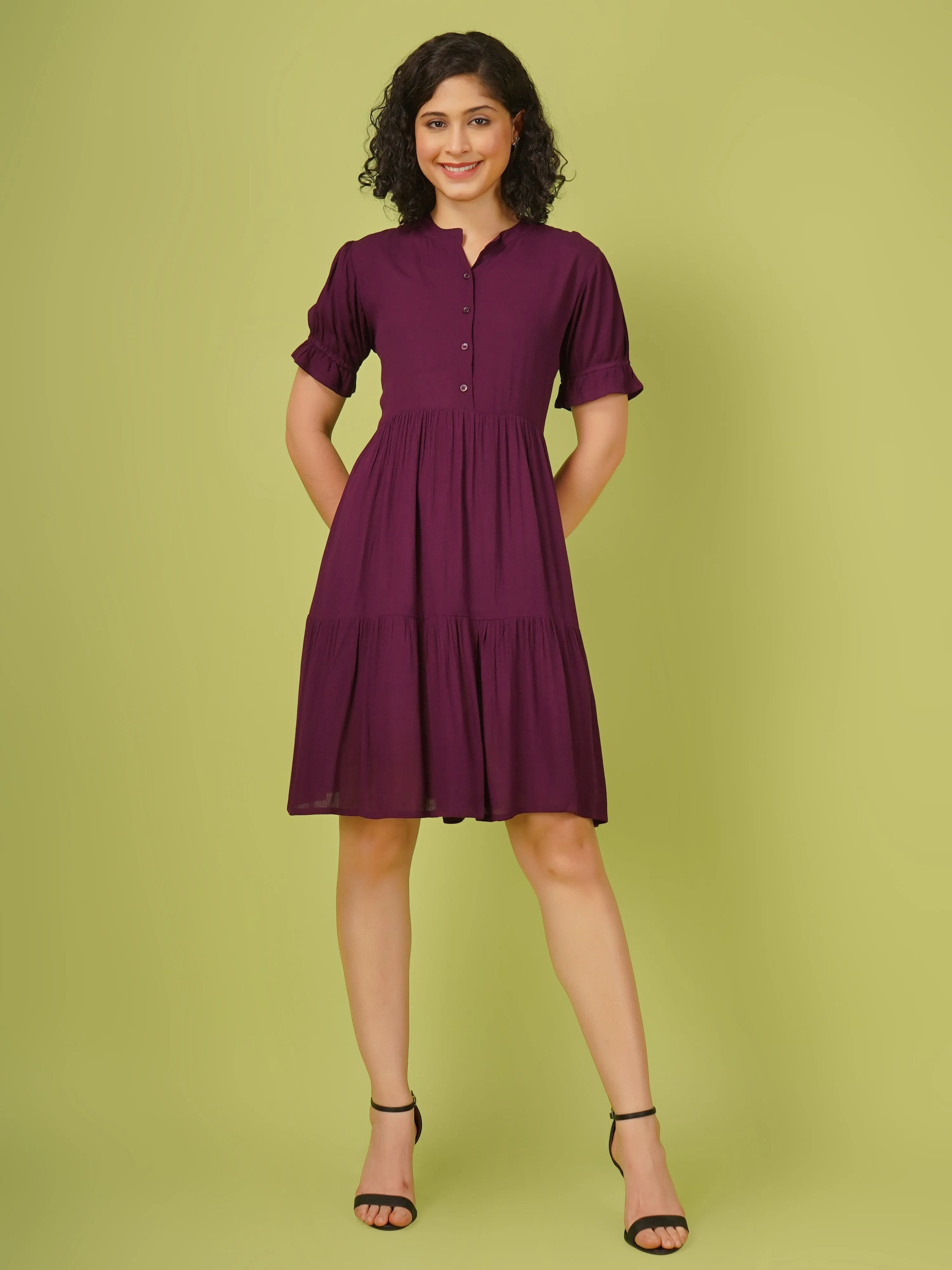 Wine Rayon Crush Fabric Solid Mini Dress