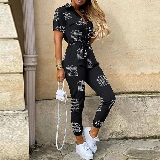 Women Casual solid color Jumpsuit 2020 Summer Deep V Neck Button Shirt Overalls Short Sleeve Office Lady One Piece Romper Belt
