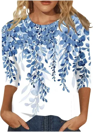 Women's 3/4 Length Sleeve Tops Cute Print Graphic Tees Blouses Casual Plus Size Basic Tops Pullover Tops