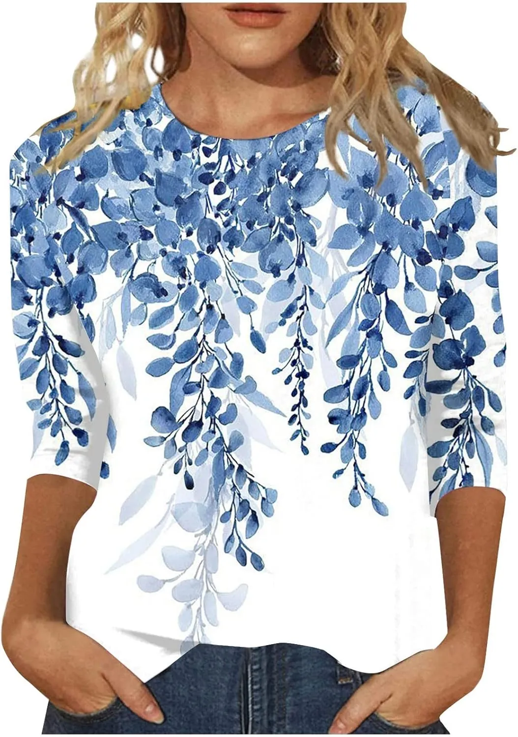Women's 3/4 Length Sleeve Tops Cute Print Graphic Tees Blouses Casual Plus Size Basic Tops Pullover Tops