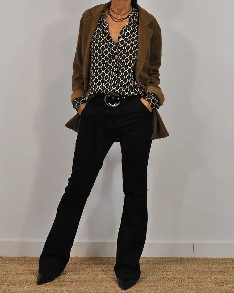 Women's Blouse - Geometric Chain-Link Print - Long Sleeve Loose Fit - Button Down