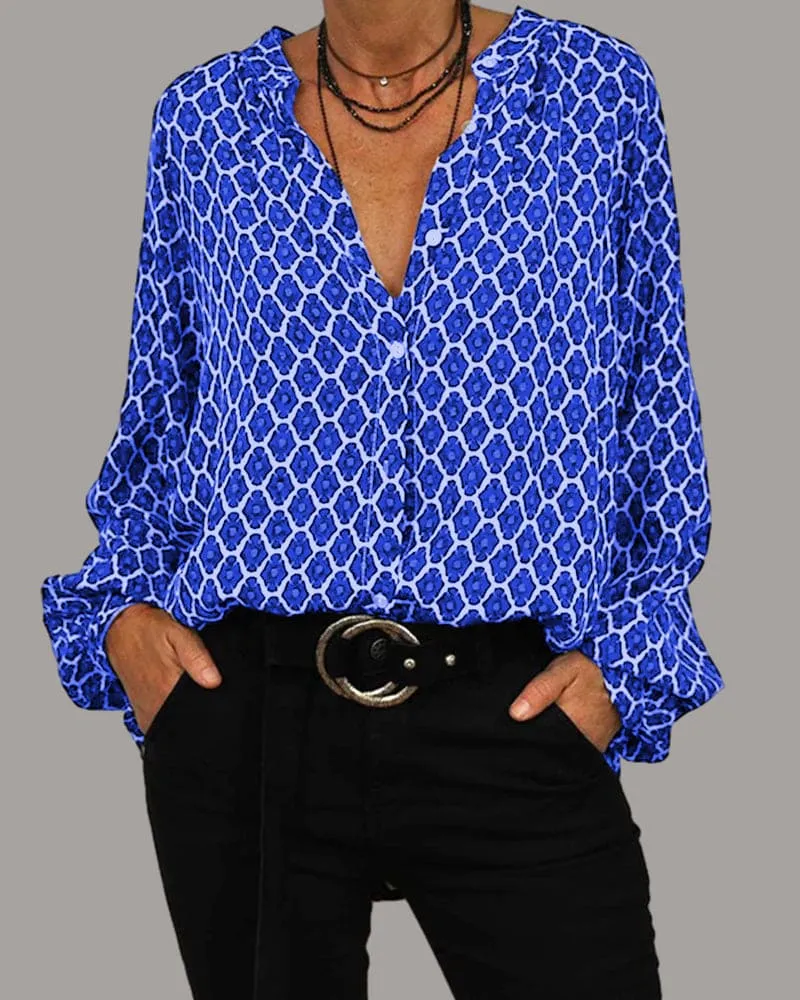 Women's Blouse - Geometric Chain-Link Print - Long Sleeve Loose Fit - Button Down