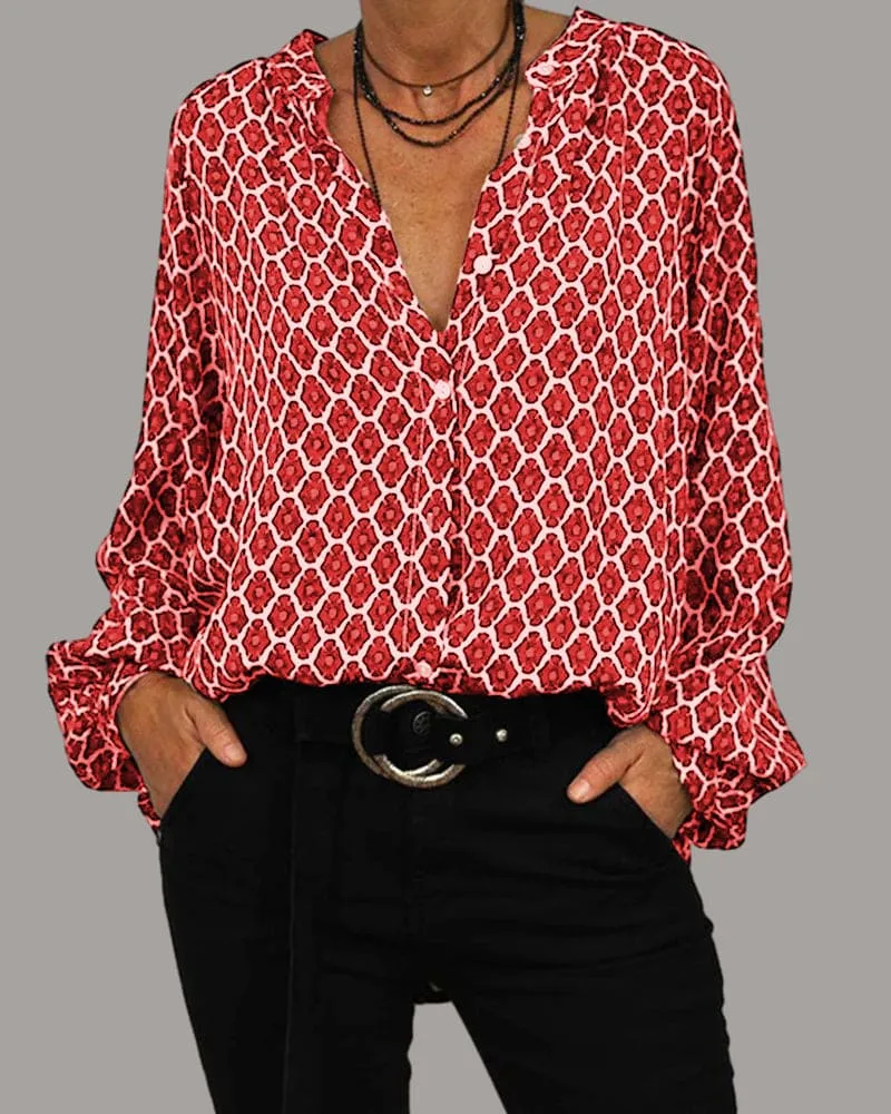 Women's Blouse - Geometric Chain-Link Print - Long Sleeve Loose Fit - Button Down