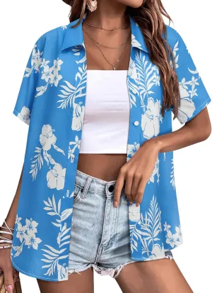 Womens Button Down Hawaiian Shirts Short Sleeve Floral Print Summer V Neck T-Shirt Casual Summer Beach Blouses Tops