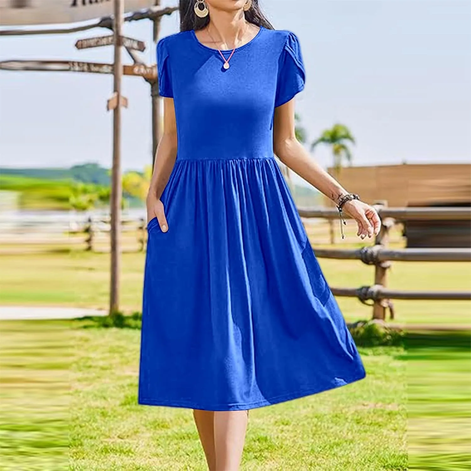 Womens Casual Dress for Summer Short Sleeve Pleated Dress Loose Flowy Beach Dress with Pockets Flare Midi Sundress