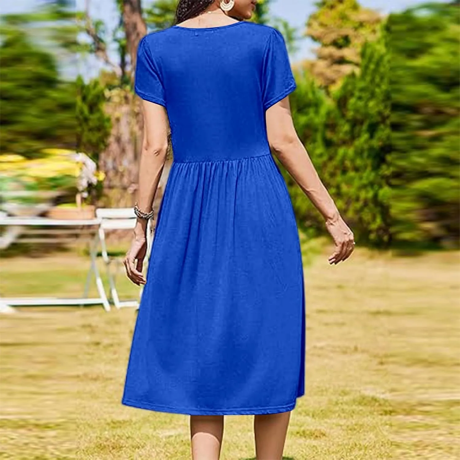 Womens Casual Dress for Summer Short Sleeve Pleated Dress Loose Flowy Beach Dress with Pockets Flare Midi Sundress