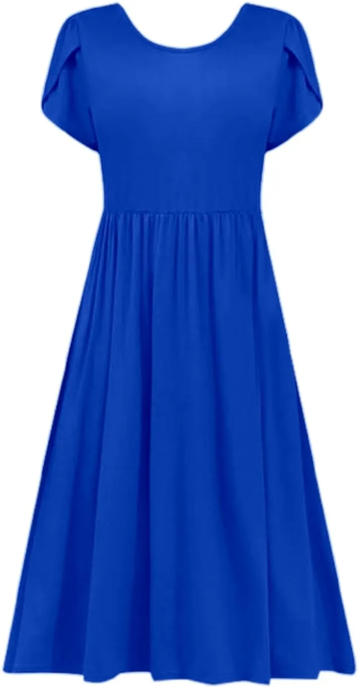 Womens Casual Dress for Summer Short Sleeve Pleated Dress Loose Flowy Beach Dress with Pockets Flare Midi Sundress