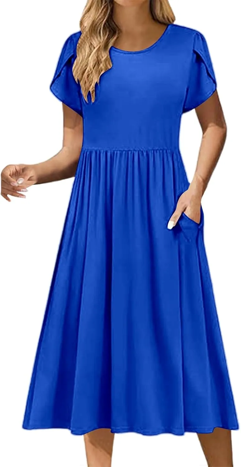 Womens Casual Dress for Summer Short Sleeve Pleated Dress Loose Flowy Beach Dress with Pockets Flare Midi Sundress
