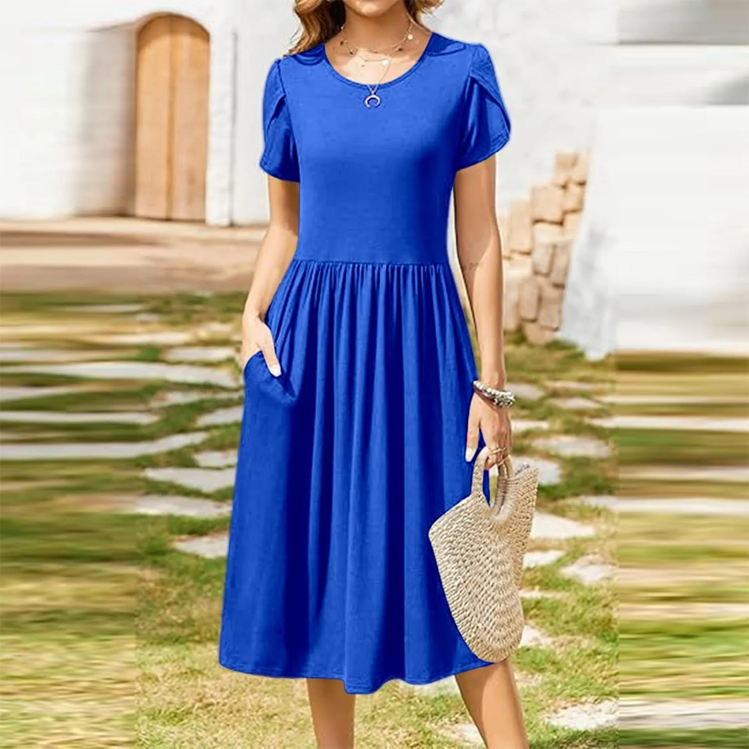 Womens Casual Dress for Summer Short Sleeve Pleated Dress Loose Flowy Beach Dress with Pockets Flare Midi Sundress