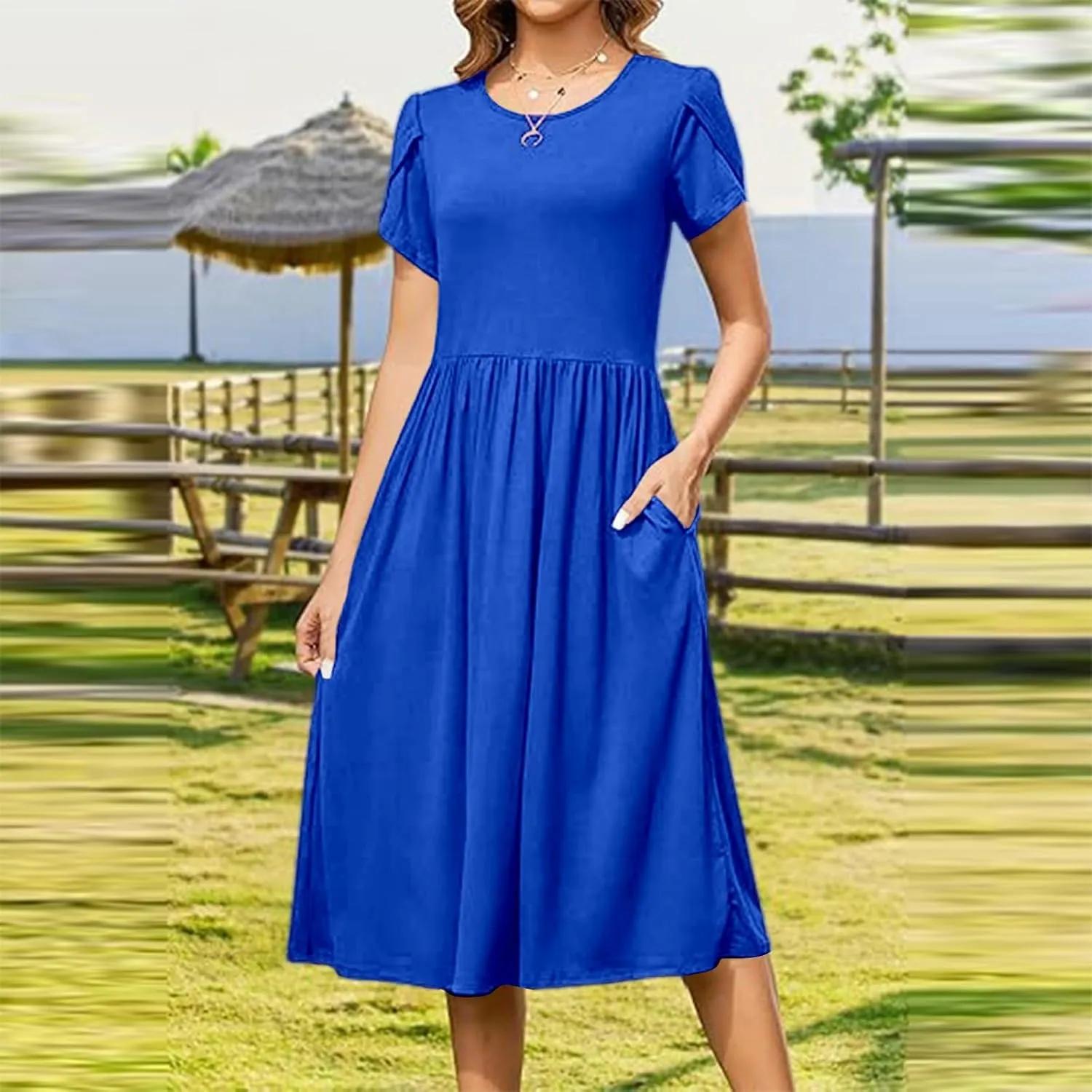 Womens Casual Dress for Summer Short Sleeve Pleated Dress Loose Flowy Beach Dress with Pockets Flare Midi Sundress